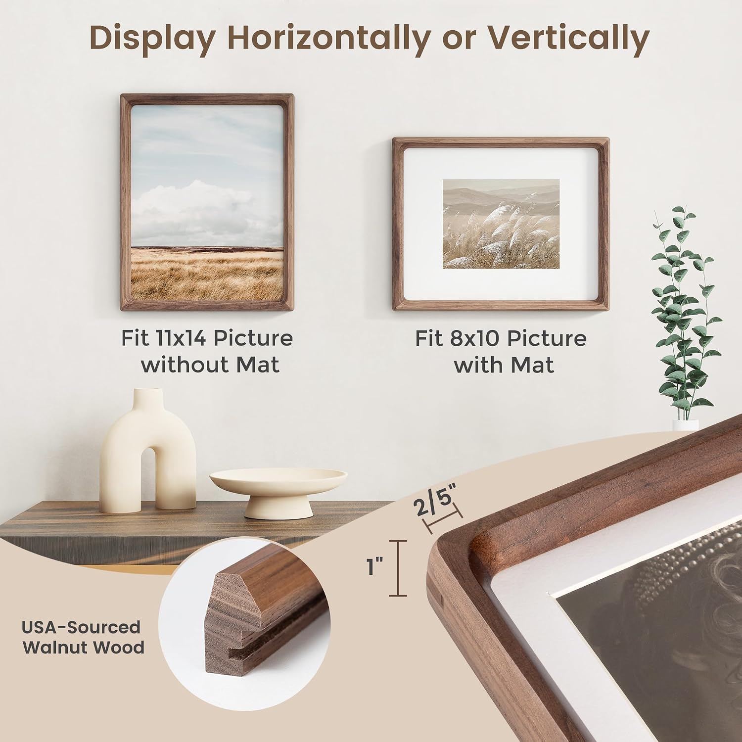 11x14 Picture Frame, USA-Sourced Walnut Wood Photo Frames with HD Tempered Glass, Handcrafted Rounded Corner 11 x 14 Wooden Frame Matted to 8x10 Photos, Gallery Wall Frames for Posters & Art Prints - Image 2