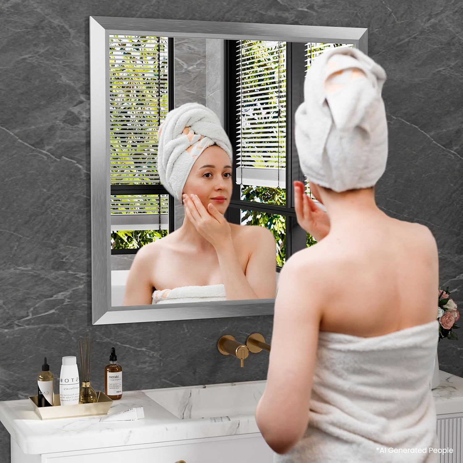 Amorho Bathroom Mirror for Wall 36x36 Inch, Brushed Silver Metal Framed | Anti-rust, HD Reflection, Tempered Glass, Mirrors for Over Sink, Bedroom, Living Room, Entryway, Horizontal or Vertical. - Image 6