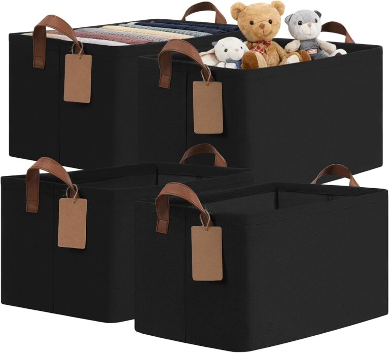CHICVITA 4 Pack Large Fabric Storage Baskets for Shelves, 30L Black | 16.8" × 11" × 9.8" Closet Storage Bins for Clothes, Blankets & Toys, Collapsible, Metal Frame, Leather Handles