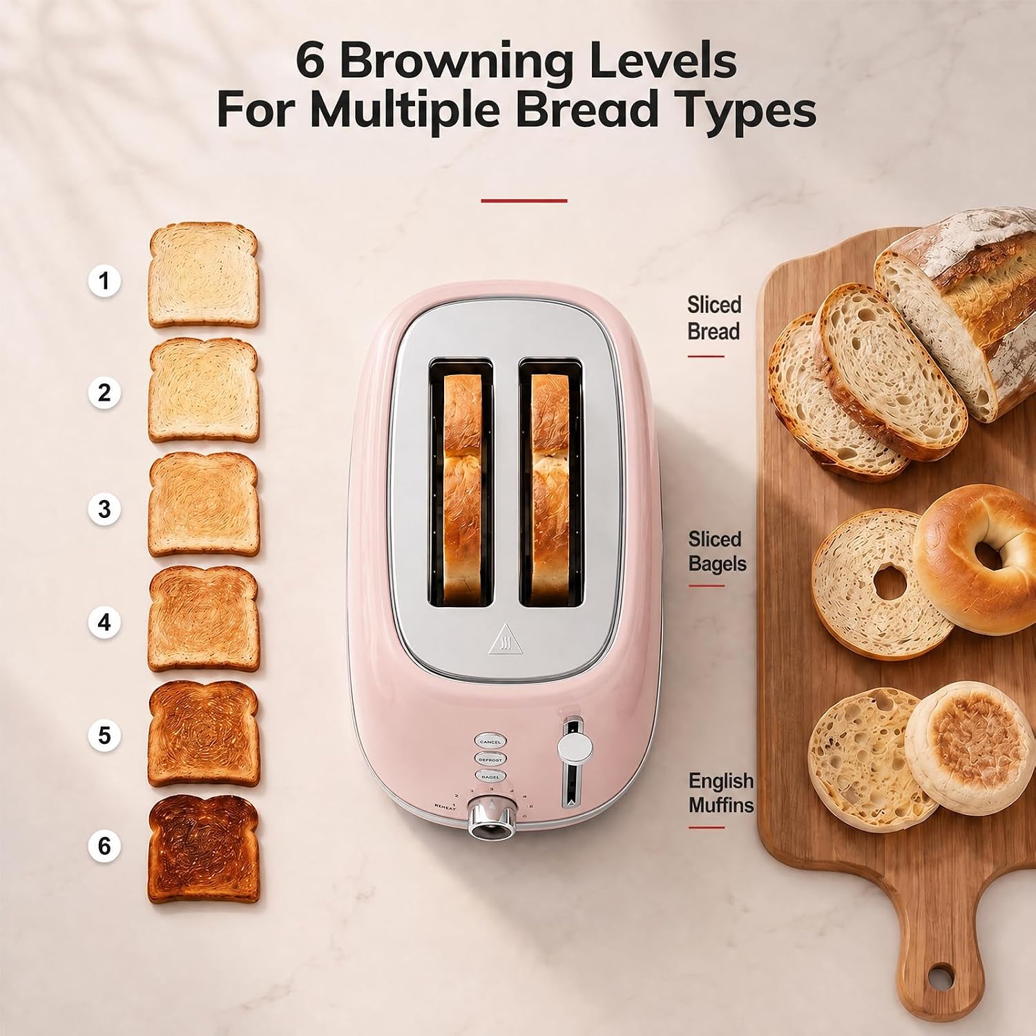 2 Slice Toaster Retro Stainless Steel with Bagel, Cancel, Defrost Function and 6 Bread Shade Settings Bread Toaster, Extra Wide Slot and Removable Crumb Tray (Pink) - Image 5