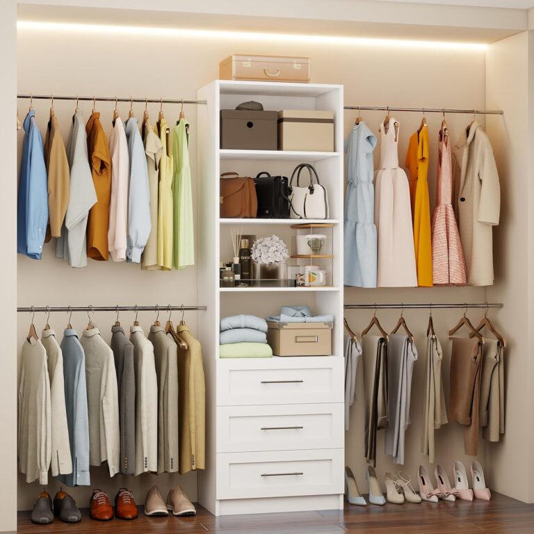 Fastgo Closet System with Drawers, 5-9FT Closet Organizer System with 4 Expandable Rods & Adjustable Shelves for Walk in Closet, 96” Built in Closet System Tower, Small Closet Storage System, White