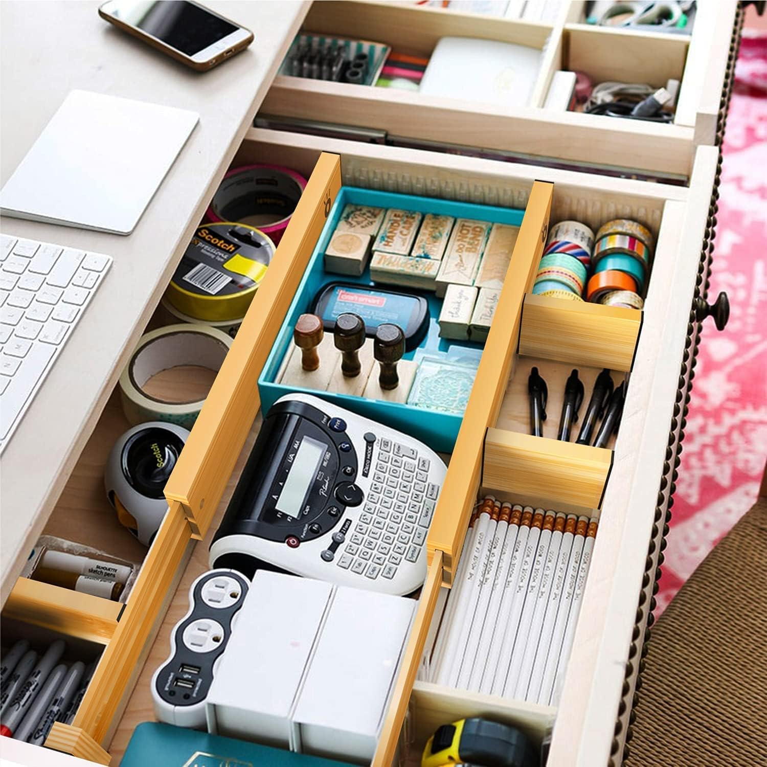 Bamboo Drawer Dividers Organizers, Drawer Separators Splitter,17-22 inches Long Adjustable Spring-loaded Organizer for Large Utensil, Clothes, Tools Drawers(yellow) - Image 4