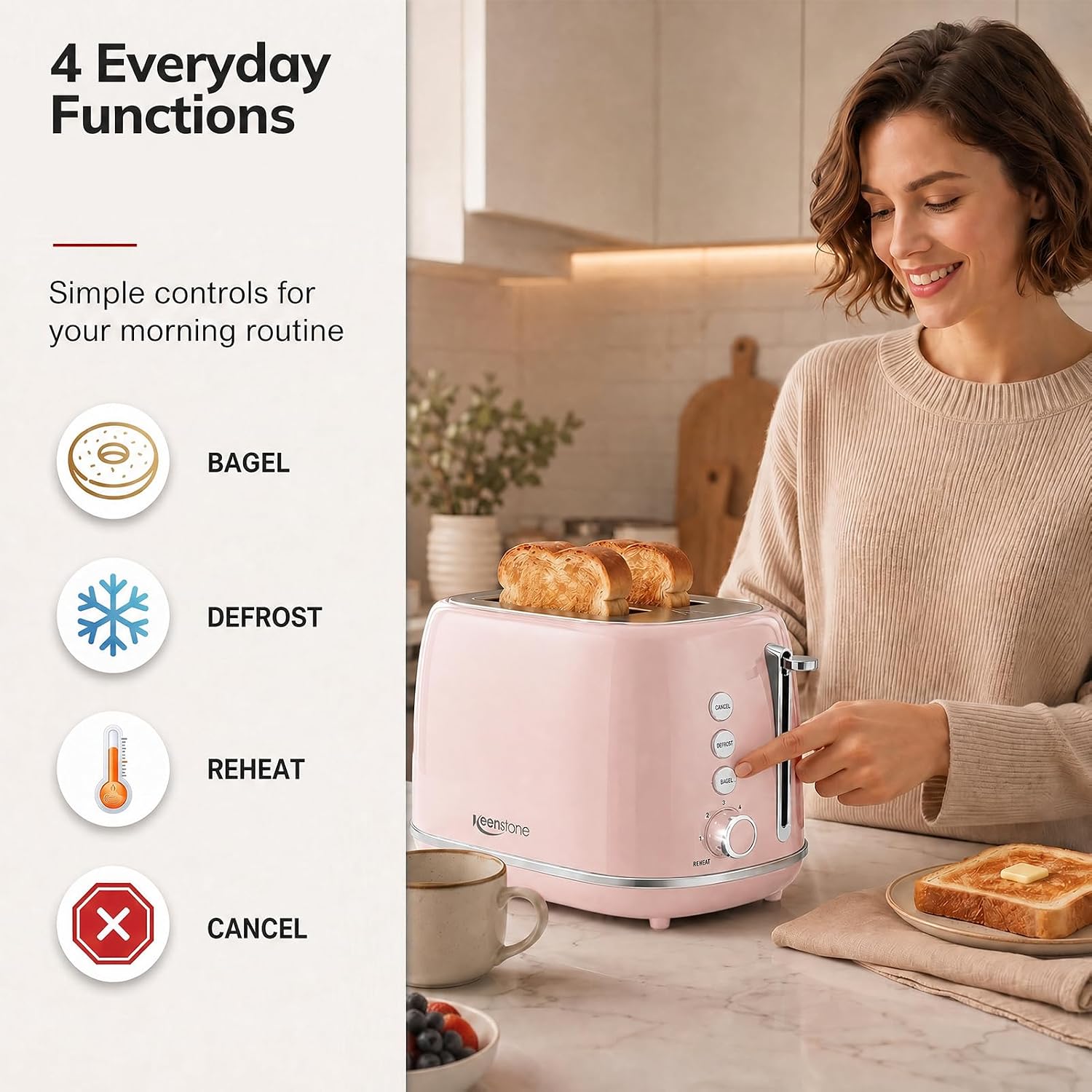 2 Slice Toaster Retro Stainless Steel with Bagel, Cancel, Defrost Function and 6 Bread Shade Settings Bread Toaster, Extra Wide Slot and Removable Crumb Tray (Pink) - Image 4