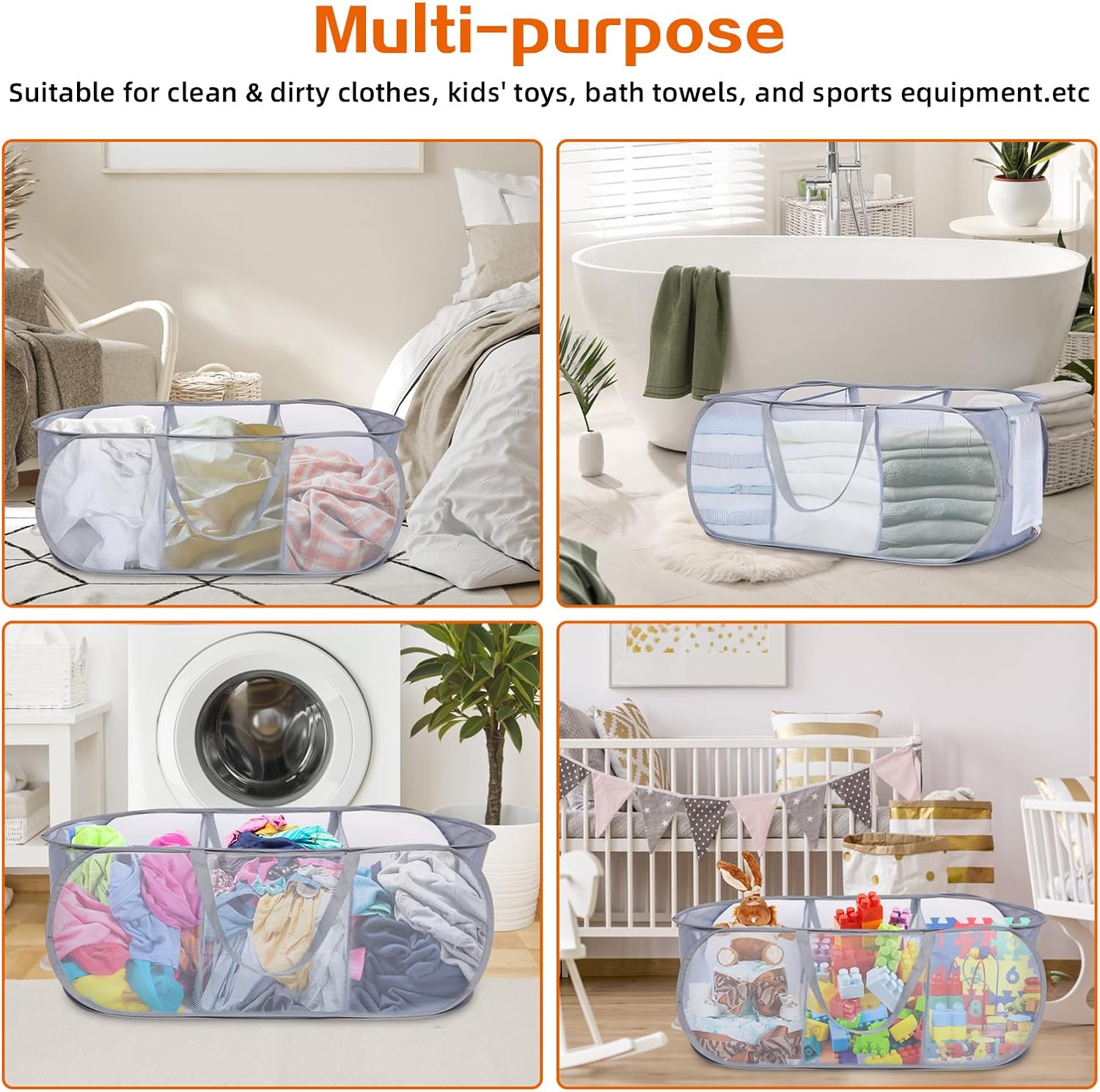 Durable Collapsible Foldable Pop Up Laundry Hamper, Sturdy 3 Compartments, Handy Pocket & Easy to Sort Clothes Hampers for Dorm, Kids Room, Travel - Grey - Image 7