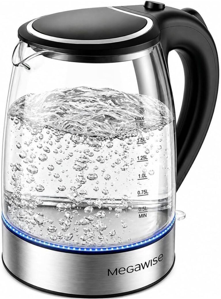 MEGAWISE 1.8L Healthy Electric Kettle, 1800W Borosilicate Glass Tea Kettle with Food Grade Material, Auto Shut-Off and Boil-Dry Protection Cordless Kettle Fast Boiling, BPA Free