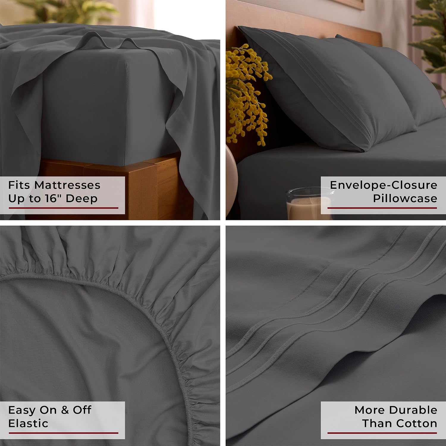 Mellanni Iconic 4-Piece, Ultra Soft Sheet Set (Full, Gray) | 10M+ Sleepers. Lab-tested: Sleeps Cool, Stays Bright, Strong, Smooth. Good Housekeeping Best Bedding, 7 yrs running. - Image 5