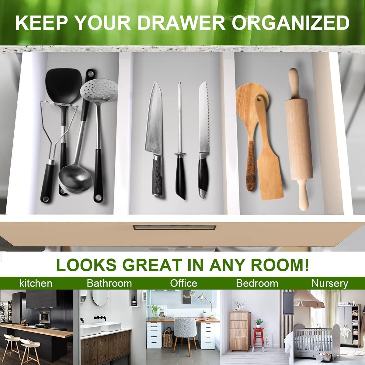 ANTOWIN Bamboo Drawer Dividers Organizers, Expandable Drawer Separators Splitter,17-22 inches Long Adjustable Spring-loaded Organizer for Large Utensil, Clothes, Tools Drawers (White) - Image 5