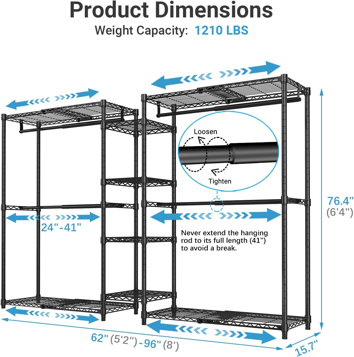 VIPEK X3 Expandable Heavy Duty Clothes Rack Closet Organizer System Black | Large Freestanding Clothing Rack with Adjustable Shelves and Hanger Rods from 5'2" to 8', Reach-in & Walk-in Closet 1210LBS - Image 6