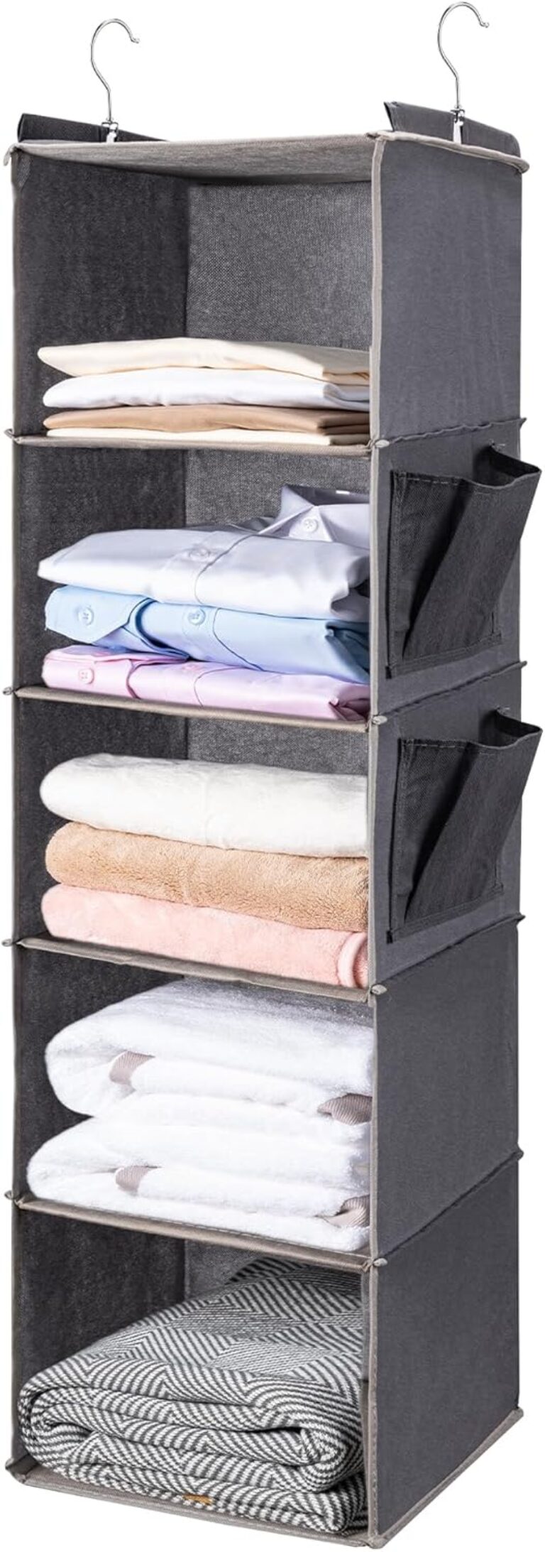 BOOMIBOO Hanging Closet Organize and Shelves，5-Hanging Shelf with 2 Side Pockets，Storage Foldable （Grey） | Dorm Room Essentials, Clothes Organizer with 2 Side Pockets, Hanging Shelves for Closet Storage, Breathable Fabric