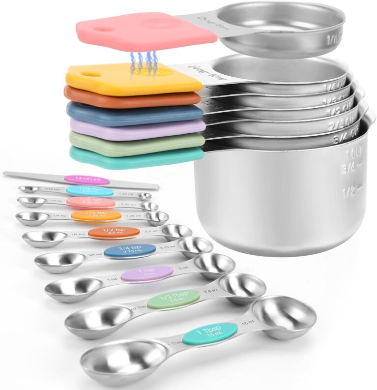 Magnetic Measuring Cups and Spoons Set-Heavy Duty 304 Stainless Steel | Double Measurement Markings,BPA-Free,Set of 16 with Leveler for Measuring Dry and Liquid Ingredients(Colors)