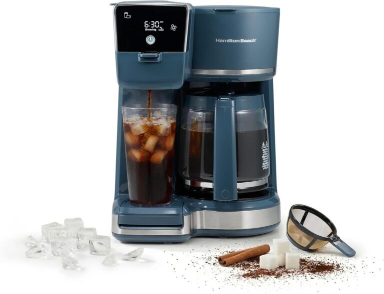 Hamilton Beach 2-Way Drip Coffee Maker & Single Serve Coffee Machine | Hot & Iced Coffee Maker| 12 Cup Glass Carafe| AquaFlow Showerhead | Auto Pause & Pour | Kitchen Makeover Blue | 47502J