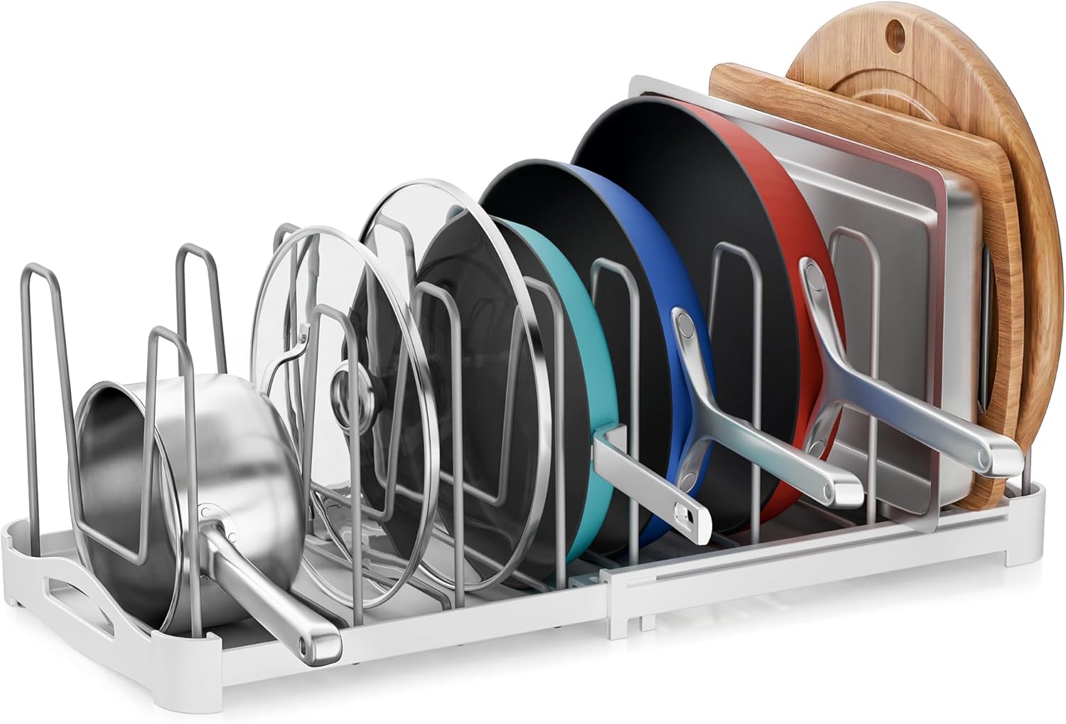 EVERIE Adjustable Cabinet Organizer for Pot Lids, Bakeware, Cookie Sheets & Cutting Boards, Upright Storage Rack for Kitchen Cabinet, Stable Dividers, 9.7" Deep, 12.6" to 21.5" Wide, GS02SS | 5mm Steel Dividers, Anti-Wobble, M-Slot for Lid Handles, BPA-Free, for Cutting Boards, Cookie Sheets, Bakeware