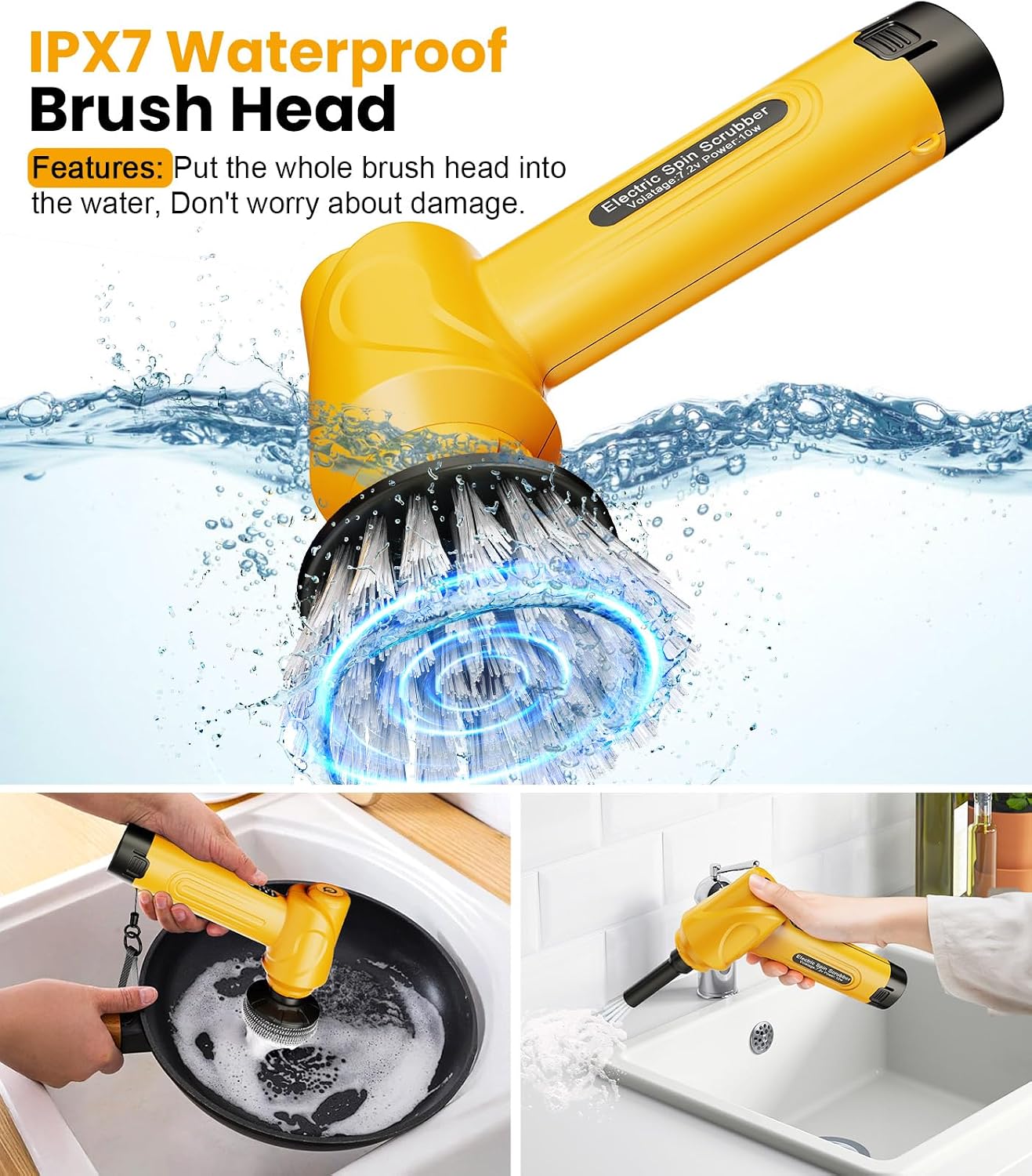 Electric Spin Scrubber Q4, 5000mAh Large Battery, 248-Min Runtime, 600RPM | Handheld Power Dish Scrubber with Display and 5 Brush Heads; Cordless Shower Cleaning Brush for Bathrooms, Sinks and Windows - Image 6