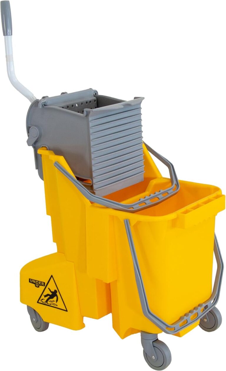 UNGER Commercial Yellow Dual-Compartment Mop Bucket with Wringer COMBY | SmartColor Compatible; 8-gallon; Side-Press Wringer for Clean/Dirty Water Separation; Features rear-mounted dump spout