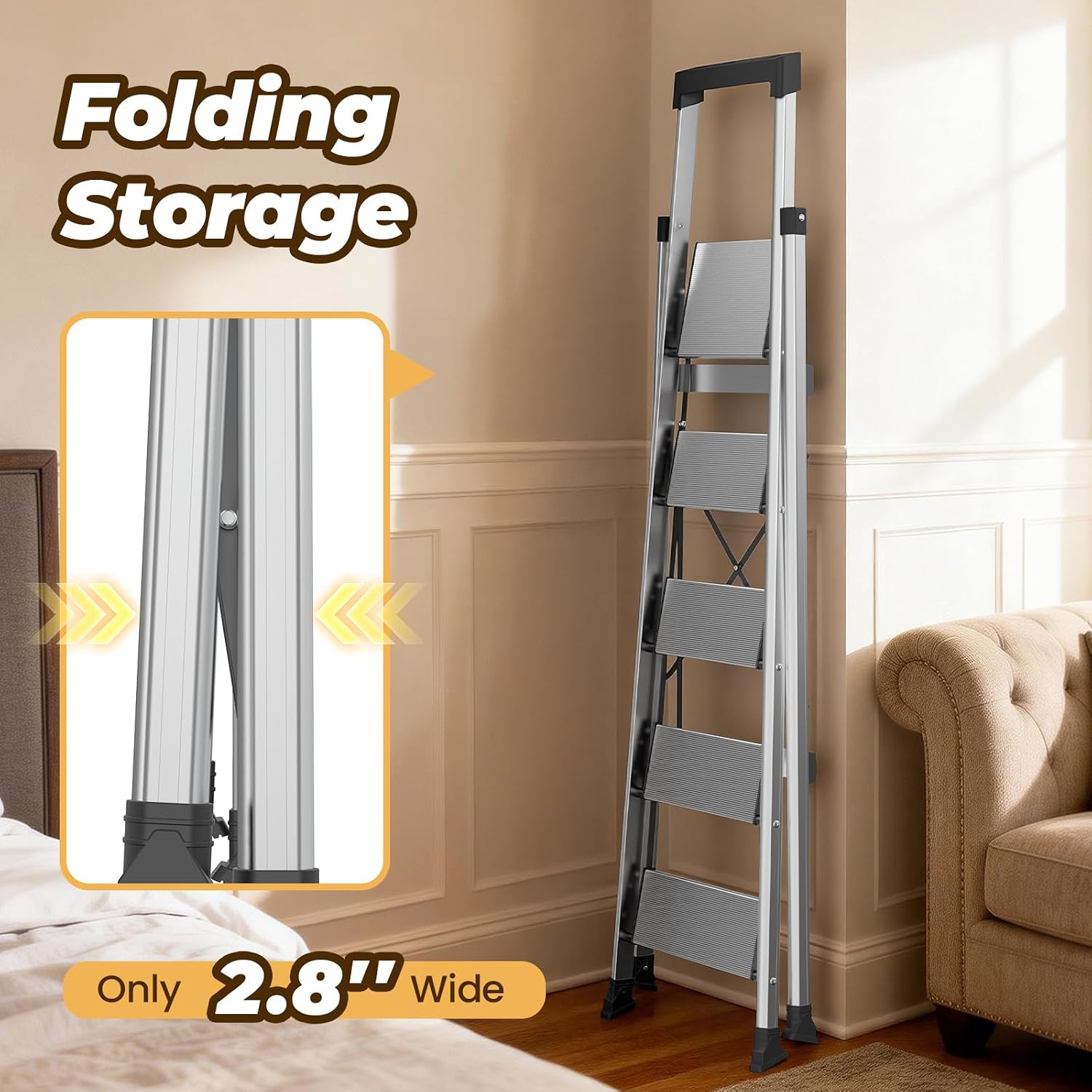 HBTower 5 Step Ladder, Lightweight Aluminum Folding Step Stool | Anti-Slip Wide Pedal, 330lbs Capacity Step Ladder for Household Kitchen Office, Silver - Image 4
