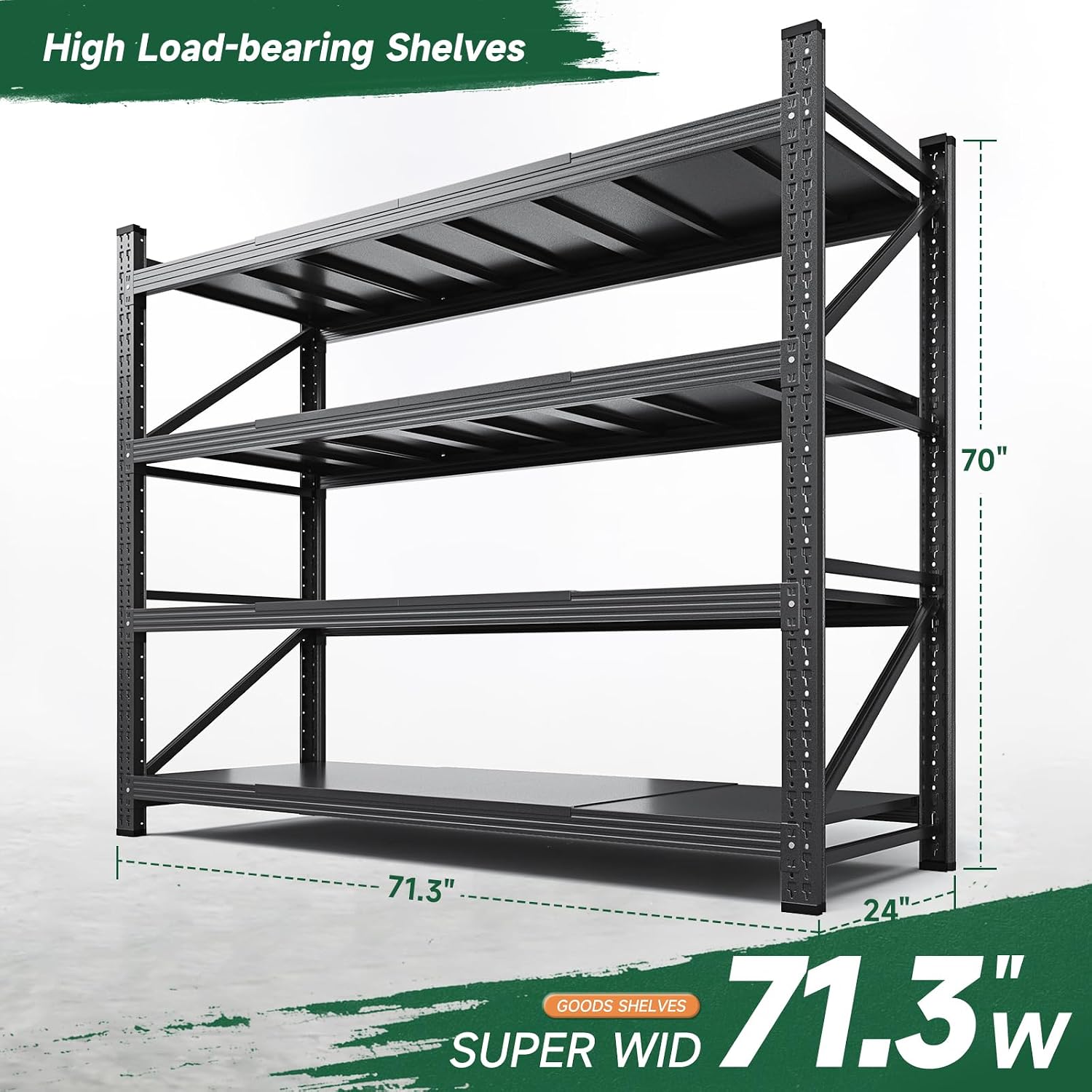 71.3" W Metal Storage Shelves,5000LBS Heavy Duty Garage Shelving Units, 4 Tier Adjustable Utility Rack Shelf,Large Industrial Shelves,for Shop,Warehouse,Black (71.3" W x 24" D x 70" H) - Image 2
