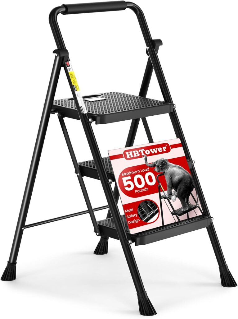 HBTower Step Ladder, Folding Step Stool with Wide Anti-Slip Pedal | Sturdy Steel Ladder, Convenient Handrail, Lightweight, Portable Steel Step Stool