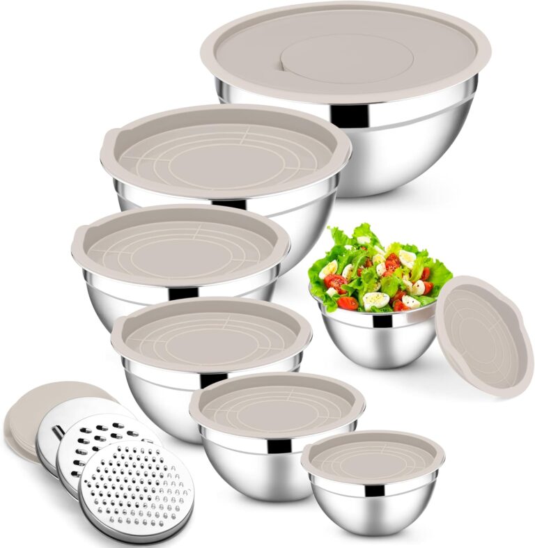 E-far Stainless Steel Mixing Bowls, 7PCS Mixing Bowls with Airtight Lids | 3 Grater Attachments for Cooking Serving Prepping, Nesting Bowls & Khaki Airtight Lids, Size 4.6, 3.5, 2.6, 2, 1.5, 1, 0.7QT