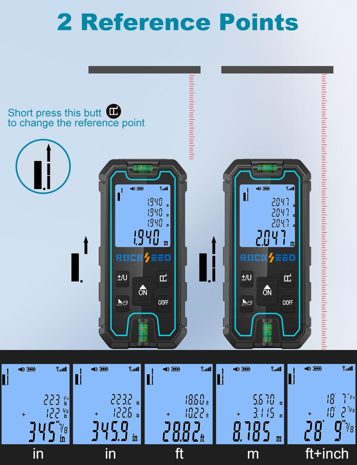 Laser Measuring Tool, RockSeed Portable Laser Measure, Digital Distance Measurement with 2 Bubble Levels, Laser Tape Measure with 5 Units Conversion - Image 4