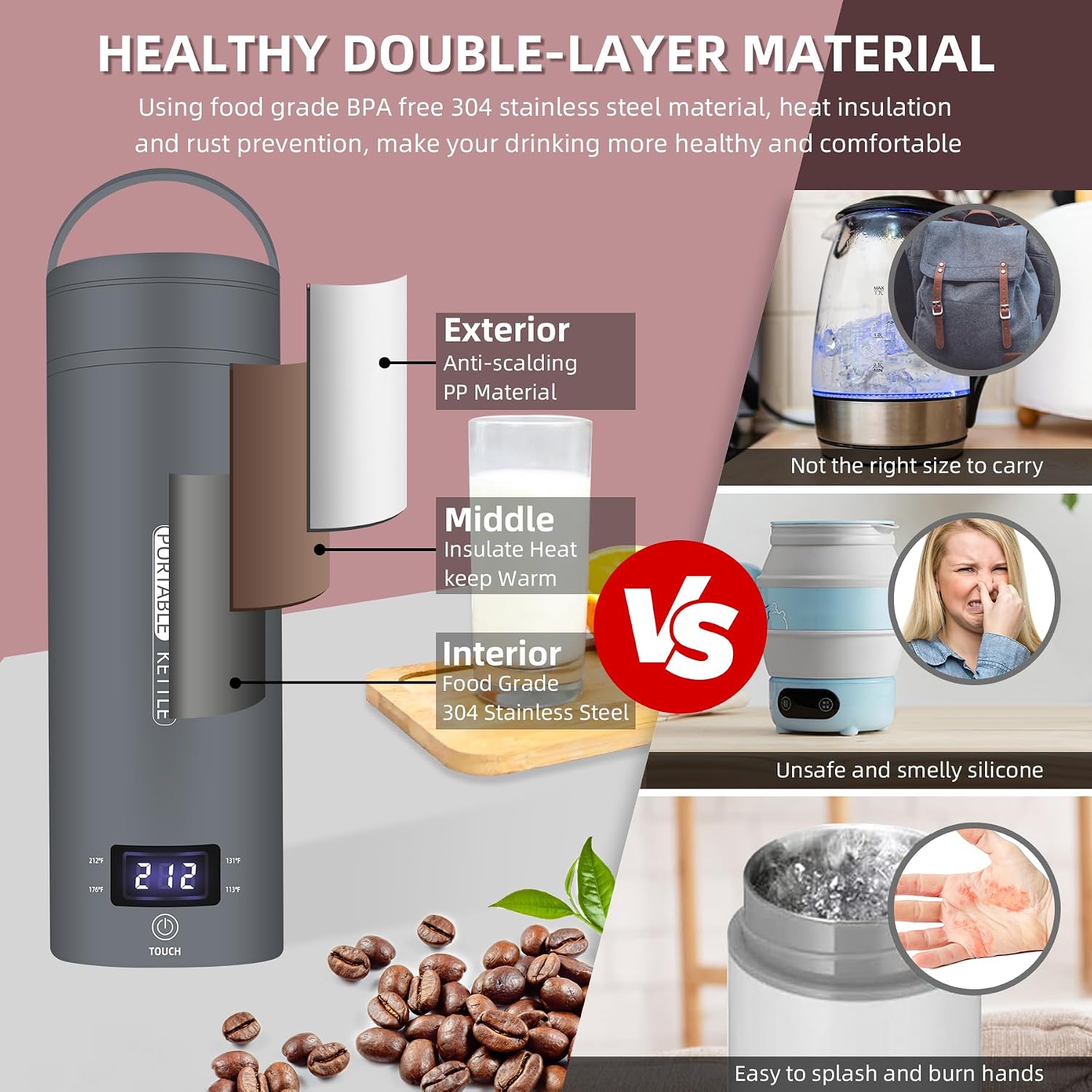 QRAGJBM Portable Electric Kettle Travel, 120V, 450ml, 4 Temperature Control | 304 Stainless Steel Lining, Auto Shut-Off, Boil Dry Protection, BPA-Free, Lightweight, For Hotel and Office(Grey) - Image 5