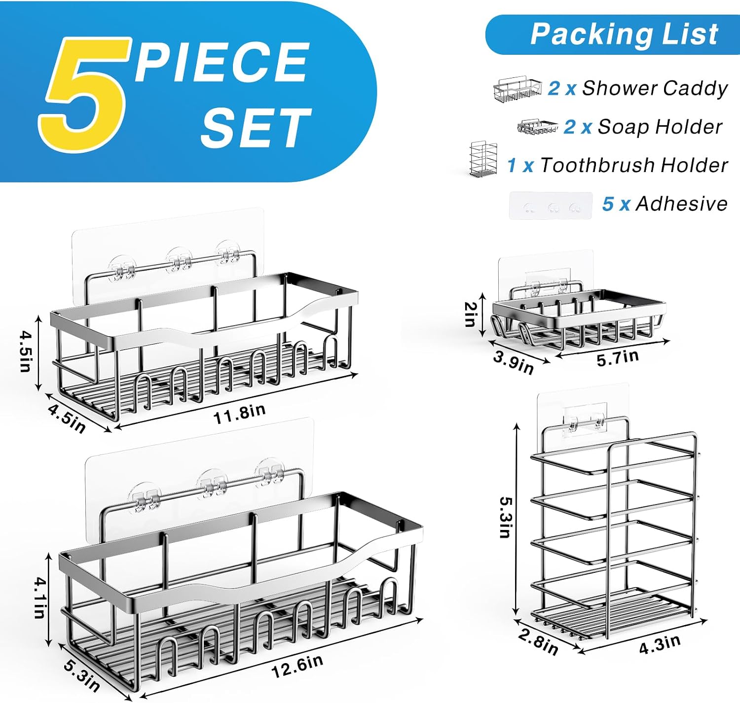 EUDELE 5-Pack Adhesive Shower Caddy Organizer, Large Capacity Rustproof Stainless Steel Shower Shelves, No Drill Bathroom Storage for Shower, Kitchen & Home Decor - Image 6