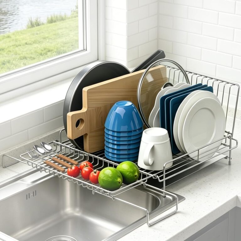 Dish Drying Rack Stainless Steel Expandable Large | Dish Drainer for Kitchen Counter with Stainless Drain Board Rustproof Collapsible Space Saving