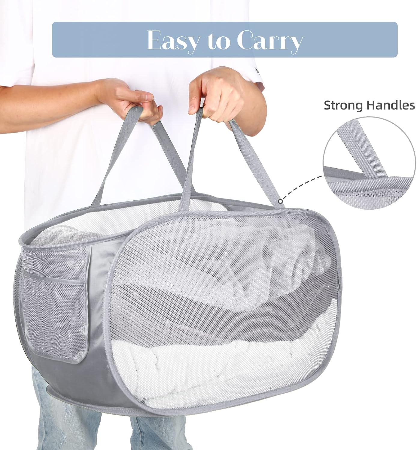 Durable Collapsible Laundry Baskets, Mesh Pop Up Laundry Hamper with Side Pocket, Foldable Clothes Storage Hamper with Reinforced Carry Handles for Laundry, Bathroom, Kids Room, Dorm or Travel Grey - Image 5