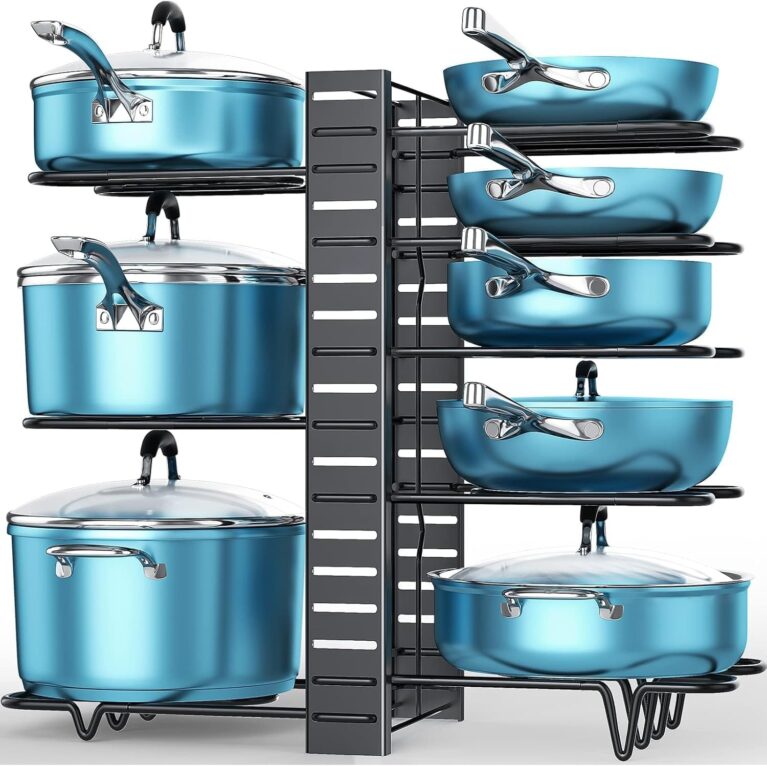ORDORA Pots and Pans Organizer Under Cabinet 16.6", 8-Tier Adjustable Rack | 3 DIY Modes, Tool-Free Assembly, Non-Slip, Fits Lightweight Cookware Up to 11", For Kitchen Cabinets, Shelves & Countertops