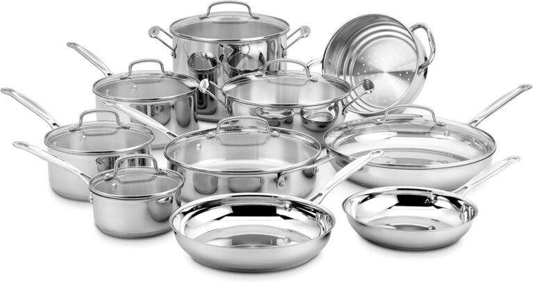 Cuisinart 17-Piece Stainless Steel Cookware Set, Chef's Classic Steel Collection with Pure Aluminum Core for Quick and Even Heat, Cool Grip Handles, Dishwasher Safe, 77-17N | Dishwasher-safe stainless steel pans and pots with riveted handles & aluminum core for even heat, oven safe to 500°F, 77-17N