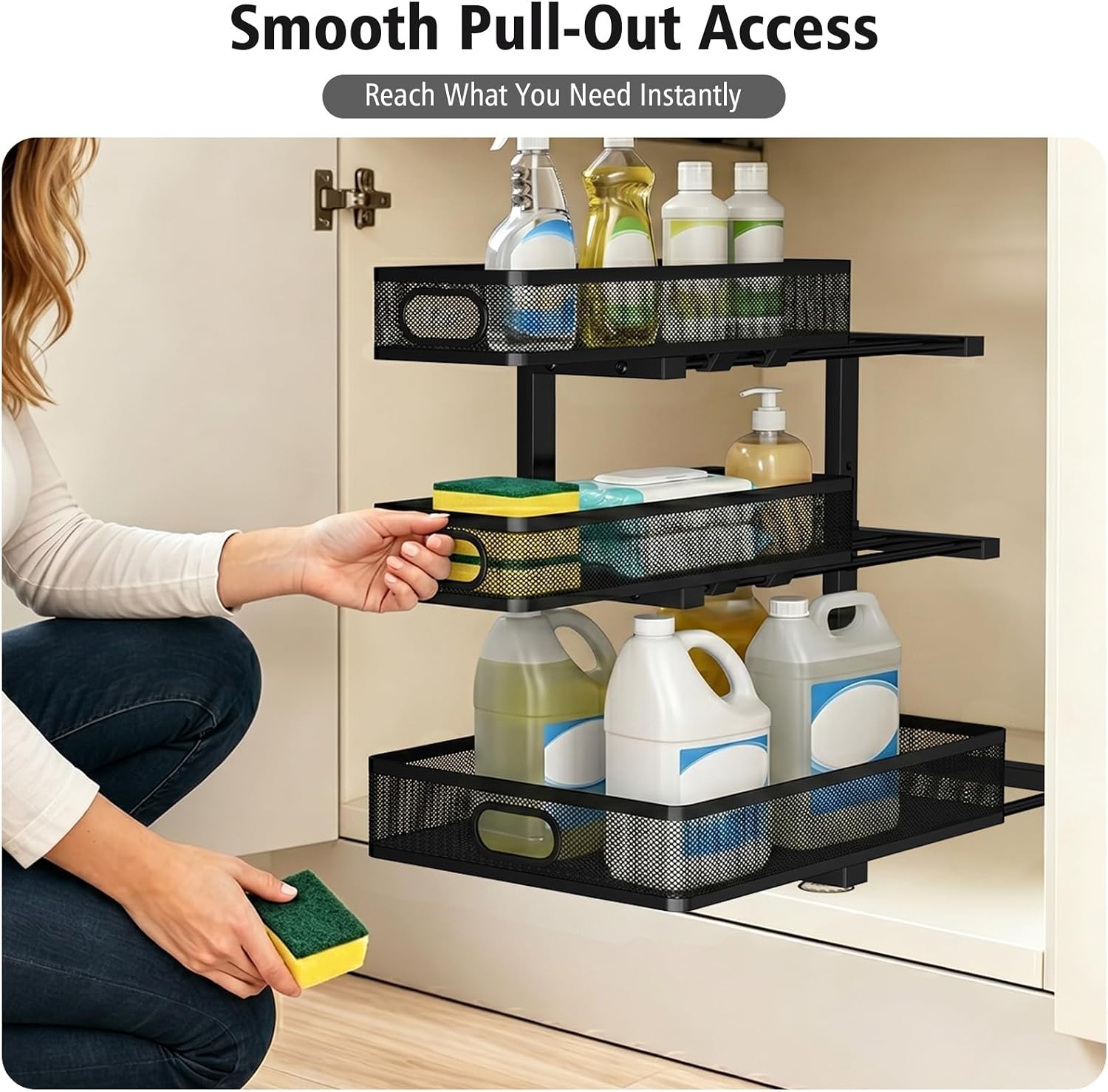 Under Sink Organizer, 3 Tier Pull Out Cabinet Organizer with 5 Adjustable Heights, Metal Under Sink Storage with Sliding Drawers for Kitchen, Bathroom, Pantry and Laundry Room, 2-Pack Black - Image 8