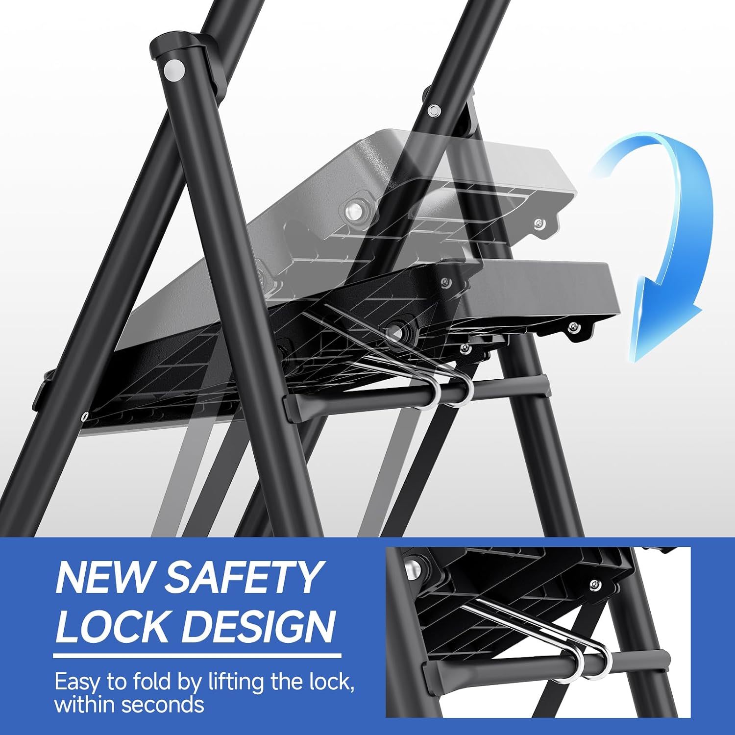 KINGRACK 4 Step Ladder, Portable Folding Ladder with Anti-Slip Pedals | Heavy Sturdy Steel Step Stool for Multi-Purpose, Home, Kitchen, Handrail, Safe-Lock Design, Pass 500lbs Load Testing, Black - Image 2