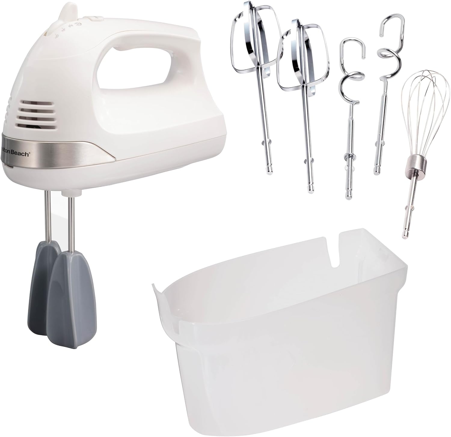 Hamilton Beach 6-Speed Electric Hand Mixer With Easy Clean Beaters | Traditional Beaters | Dough Hooks | Whisk | Snap-On Storage Case | 275 Watt Motor | White | 62636J