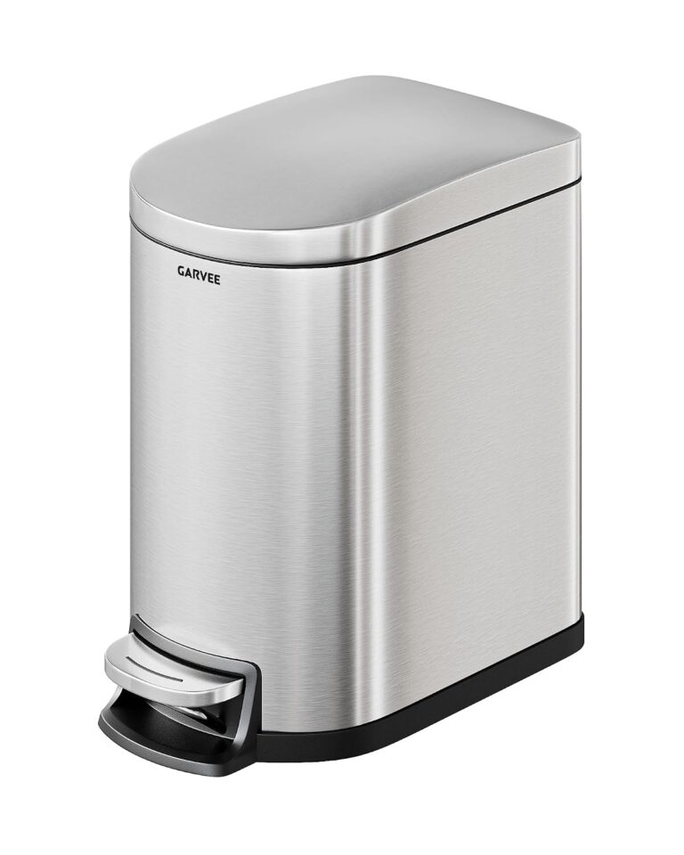Garvee 1.6 gal / 6 L Stainless Steel Bathroom Trash Can with Lid, Slim Waterproof Garbage Can for Bedroom, Small Step-on Metal Trash Bin with Inner Bucket, Rear Handle, Soft Close Lid, Silver