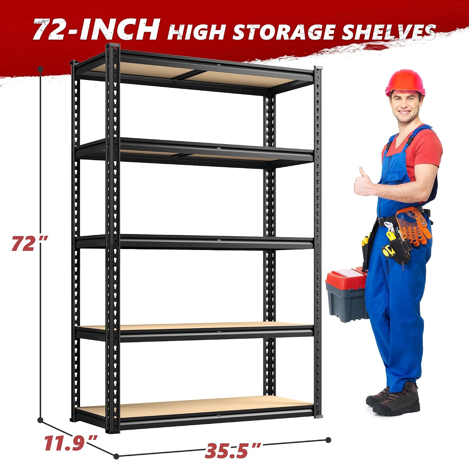 REIBII 2400 Lbs Garage Shelving for Pantry, Adjustable Storage Shelves | 5 Tier Shelf, 5 Reinforcing Ribs, Steel Frame with Powder Coat, Tool-Free Assembly, Freestanding, 35.5" W x 72" H - Image 3