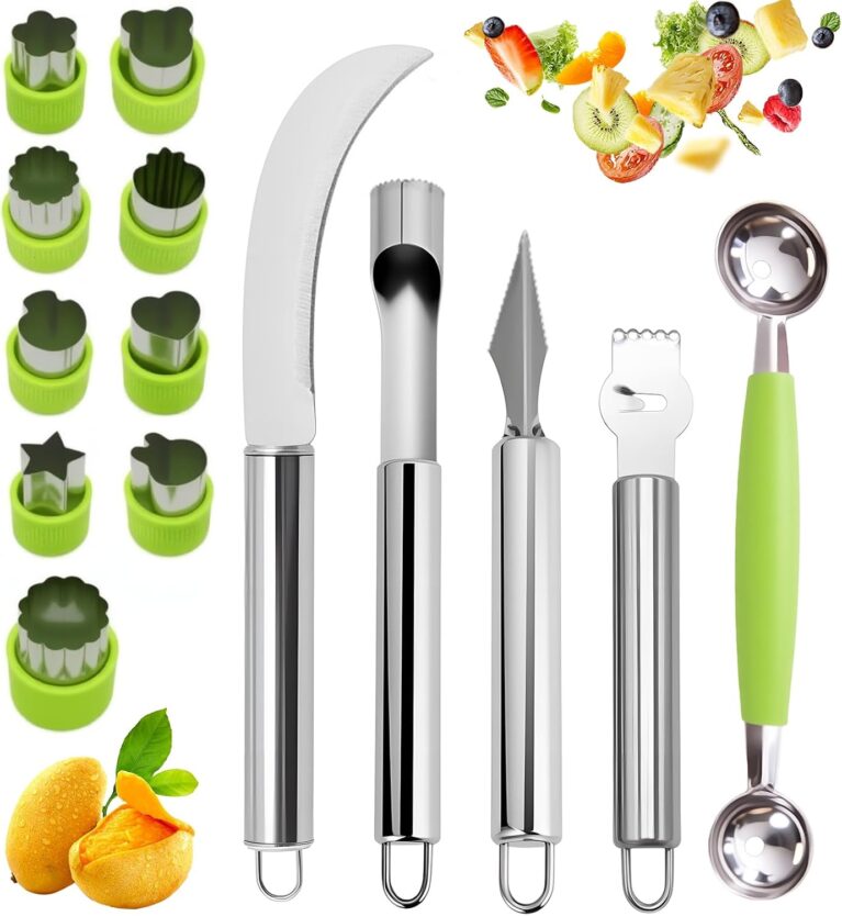 14Pcs Stainless Steel Fruits Vegetable Carving Tools Set | Melon Baller Scoop Set, Fruit Cutters Shapes, Cantaloupe Cutter Slicer Tool Piranha Spiral Cutter and V-Tool for Sculpting