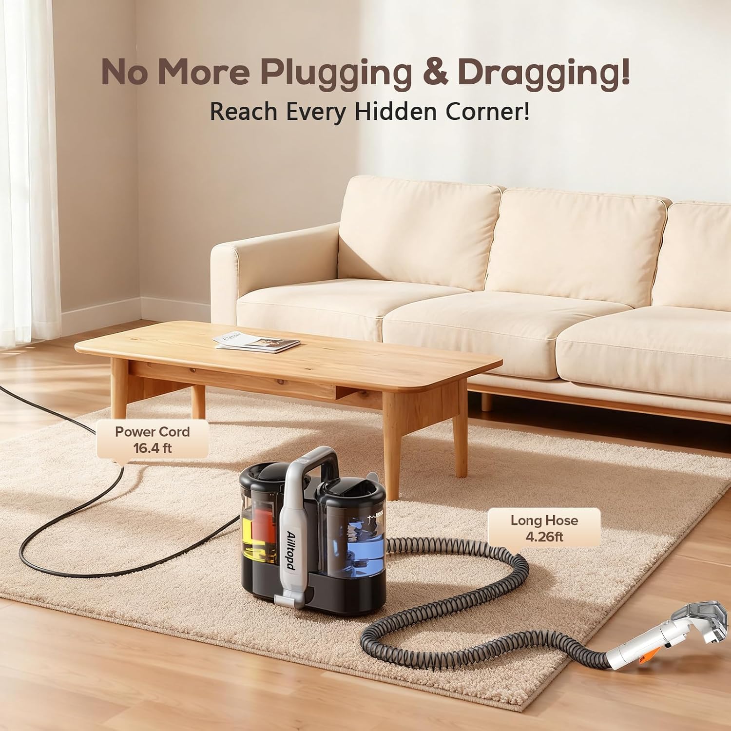 Ailltopd Portable Carpet & Upholstery Spot Cleaner Machine, 15Kpa Powerful Suction & Couch Cleaner, Deep Cleaning for Carpet, Car, Pets, Stairs, Furniture, Self Cleaning System and Cleaner Solution - Image 3
