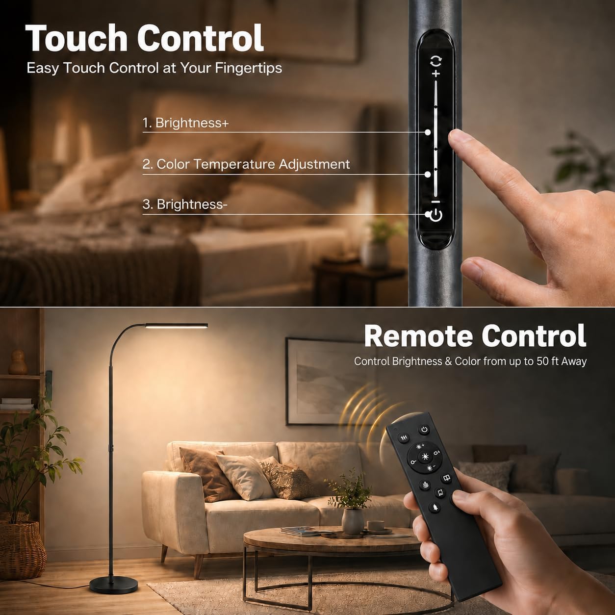 Wio-Mio Floor lamp, 15w/1000lm Bright LED Floor Lamp with Stepless Adjustable 3000K-6000K Colors and Dimmer, Remote and Touch Control, Adjustable Floor Lamp for Living Room - Image 3