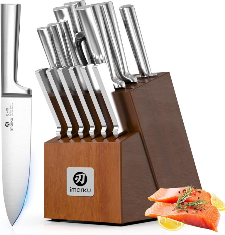 imarku 15-Piece Knife Block Set Built-in Sharpener, Japanese High Carbon Stainless Steel Kitchen Knife Set, Dishwasher Safe, Chef Knife Set with Wooden Knife Block, Santoku Knives for Kitchen Cooking | Japanese High Carbon Stainless Steel Kitchen Knife Set, Dishwasher Safe, Chef Knife Set with Wooden Knife Block