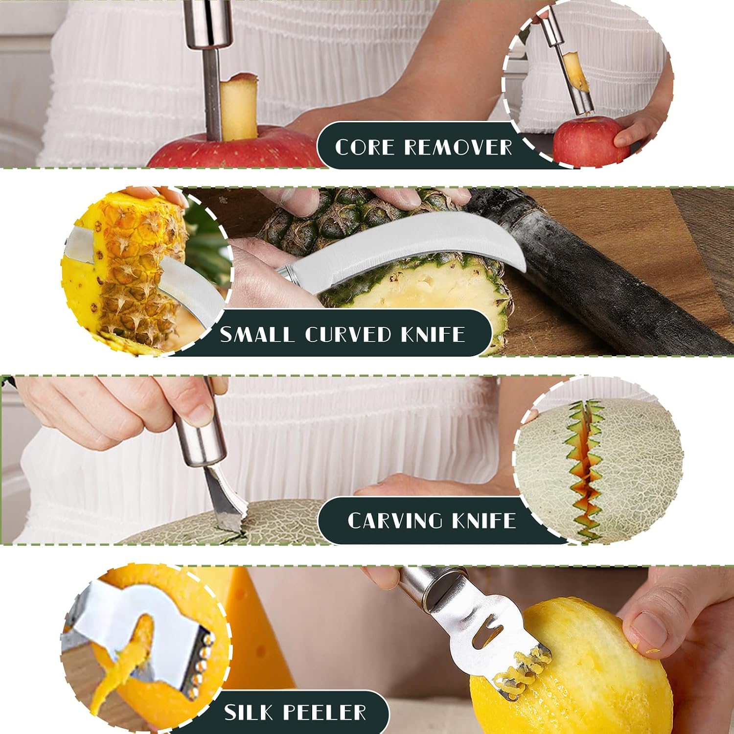 14Pcs Stainless Steel Fruits Vegetable Carving Tools Set | Melon Baller Scoop Set, Fruit Cutters Shapes, Cantaloupe Cutter Slicer Tool Piranha Spiral Cutter and V-Tool for Sculpting - Image 4