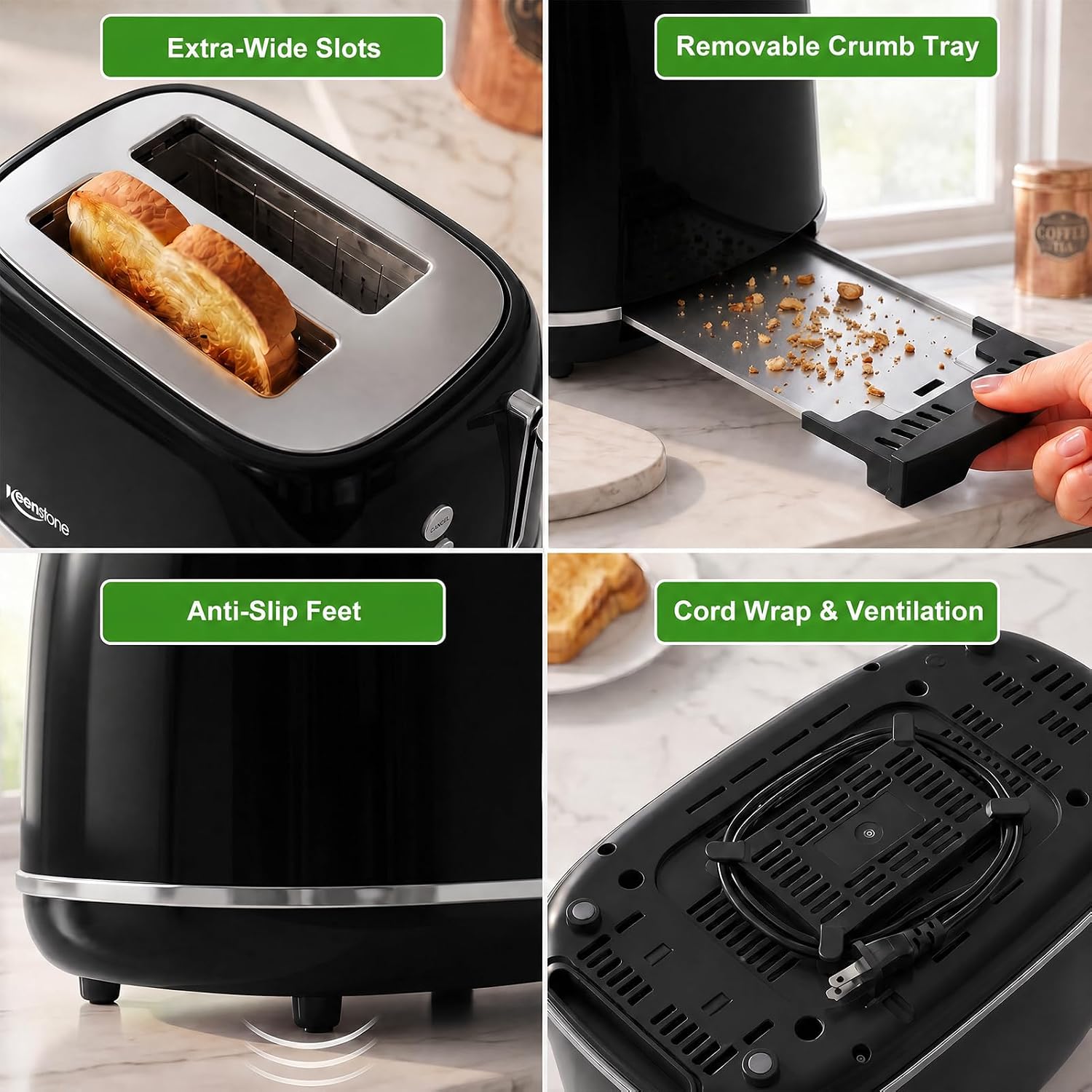 2 Slice Retro Stainless Steel Toaster with Bagel, Cancel, Defrost Function and 6 Bread Shade Settings Bread Toaster, Extra Wide Slot and Removable Crumb Tray (Black) - Image 6