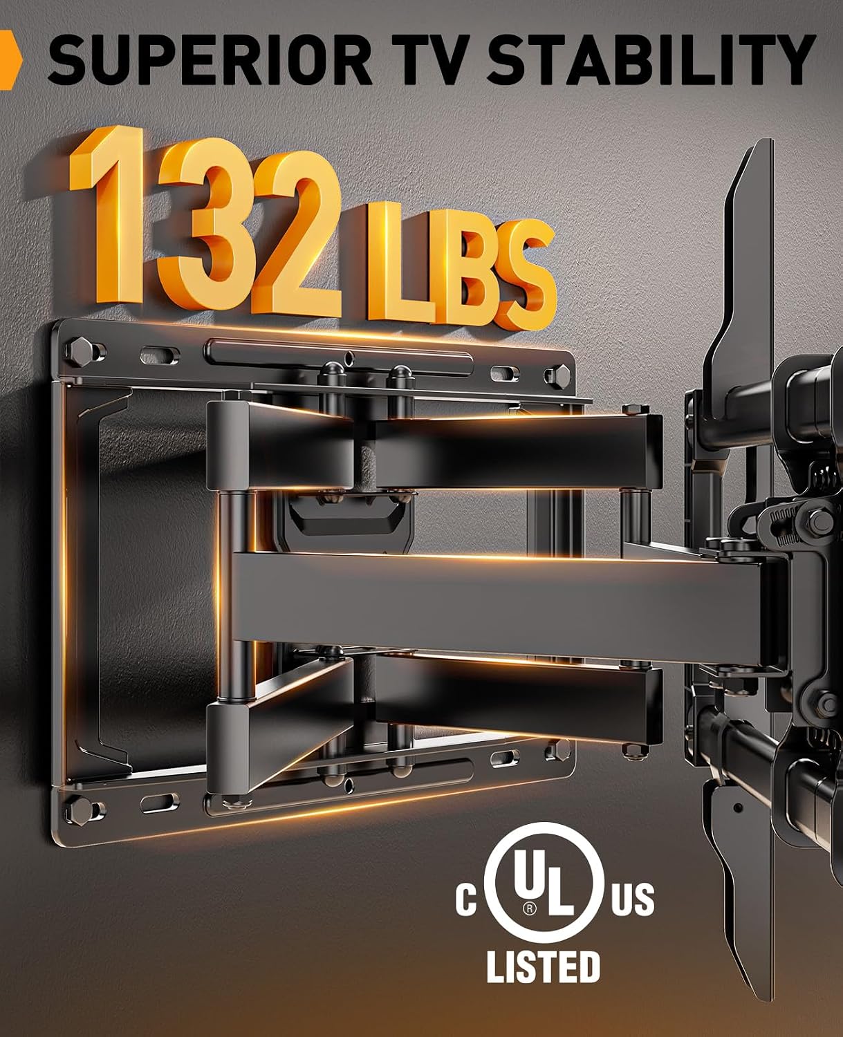 Perlegear Full Motion TV Wall Mount for 42–86 inch TVs up to 132 lbs | 30% thicker heavy-duty articulating arm, tool-free tilt, swivel, extend, level, fits 16" studs, max VESA 600x400mm, UL listed - Image 3
