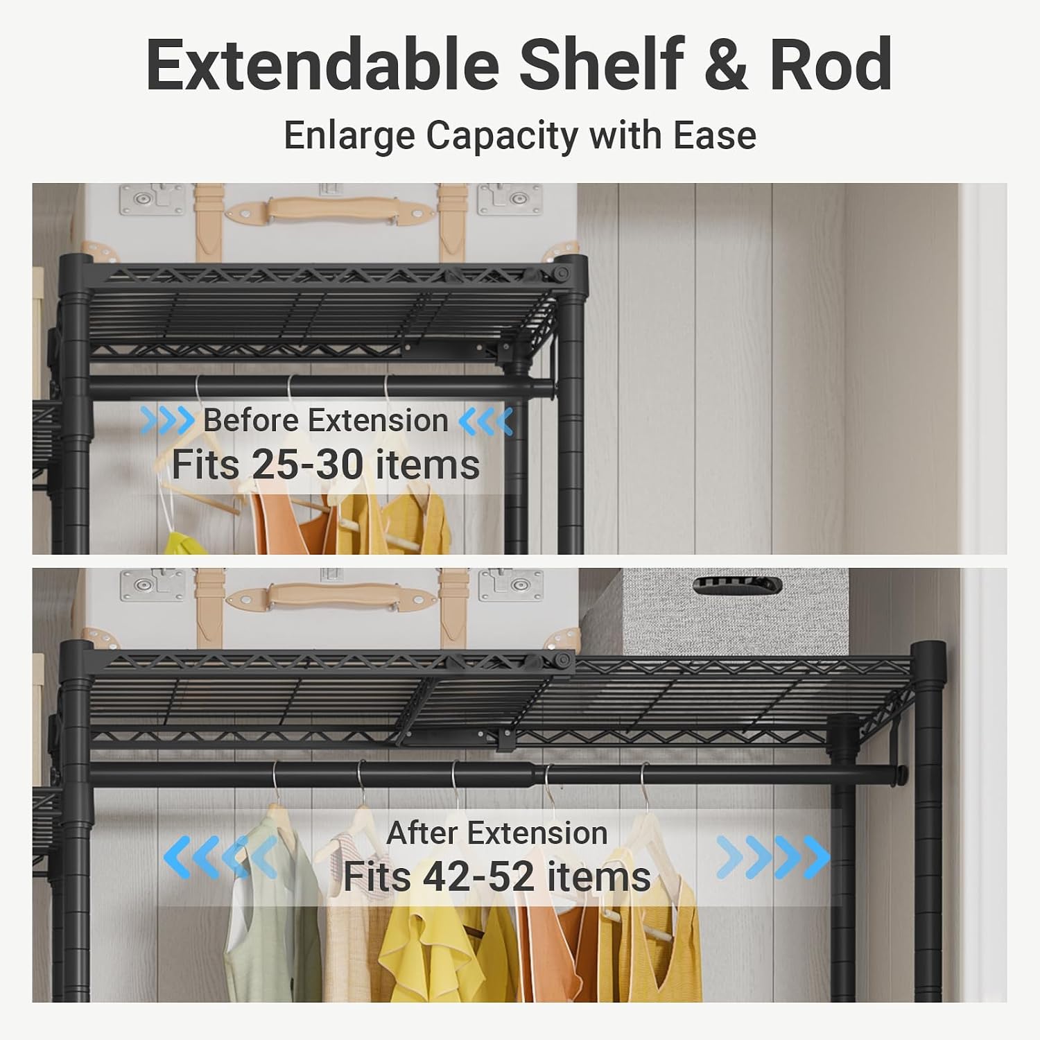 VIPEK X3 Expandable Heavy Duty Clothes Rack Closet Organizer System Black | Large Freestanding Clothing Rack with Adjustable Shelves and Hanger Rods from 5'2" to 8', Reach-in & Walk-in Closet 1210LBS - Image 4