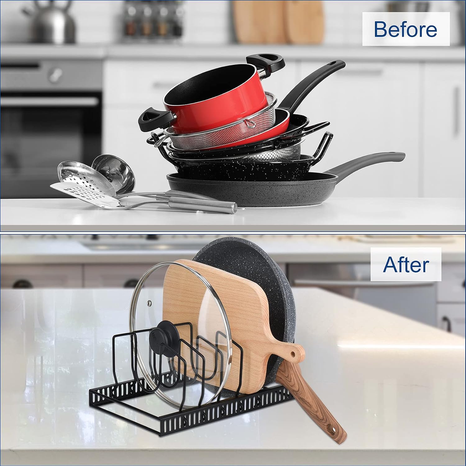 Toplife Pot Lids Organizer Rack for Cabinet and Countertop, 7+ Pan Lids and Bakeware Organizer Rack Holder with 7 Adjustable Compartments - Black - Image 3