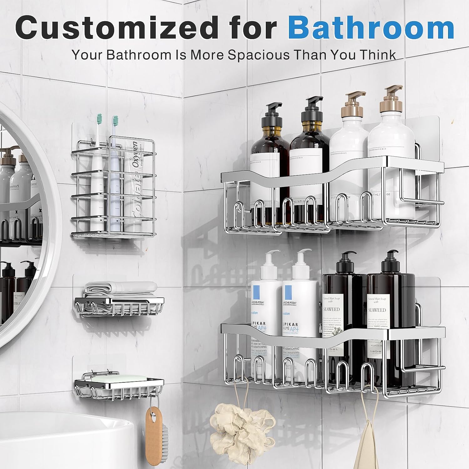 EUDELE 5-Pack Adhesive Shower Caddy Organizer, Large Capacity Rustproof Stainless Steel Shower Shelves, No Drill Bathroom Storage for Shower, Kitchen & Home Decor - Image 2