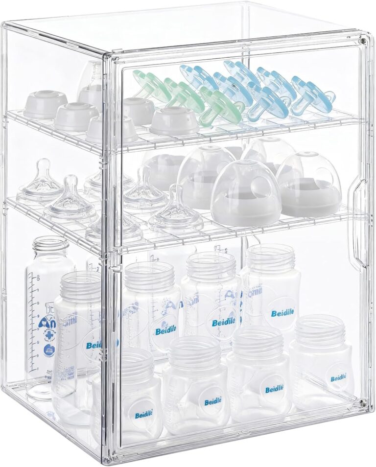 ERTIUANIO Baby Bottle Organizer – 3 Tier Bottle Storage Organizer Baby for Nipples, Pump Parts, Food Jars – Clear Acrylic Bottle Station Organizer for Countertop and Kitchen, Gifts for New Mom