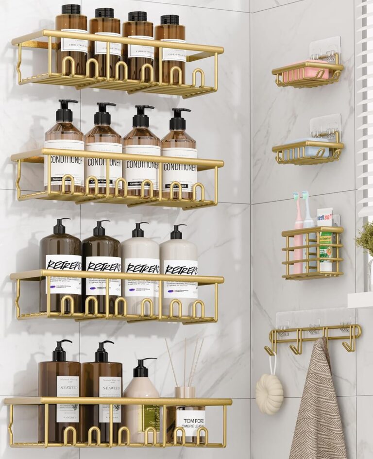 8 Pack Adhesive Large Capacity No-Drilling Shower Caddy, Gold | Rustproof Shower Shelves Rack with Soap Dishes, Toothbrush Holder & Hooks for Bathroom Organizers & Storage Accessories