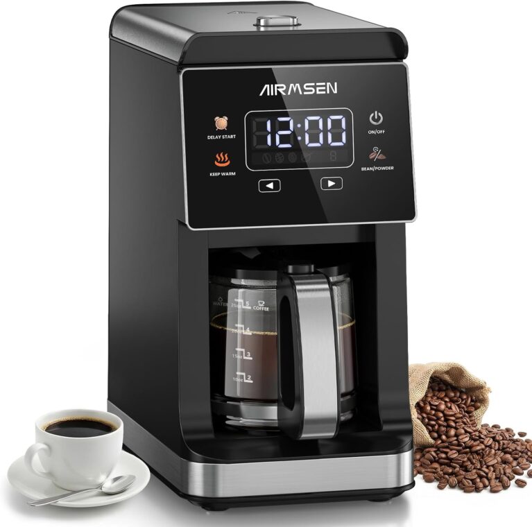 AIRMSEN Coffee Maker with Grinder, 5-Cup Grind and Brew, Programmable | 3 Grind Settings, 24H Delay Brew, Touch Control, Glass Carafe, 2-Hour Auto Keep Warm for Home Offices