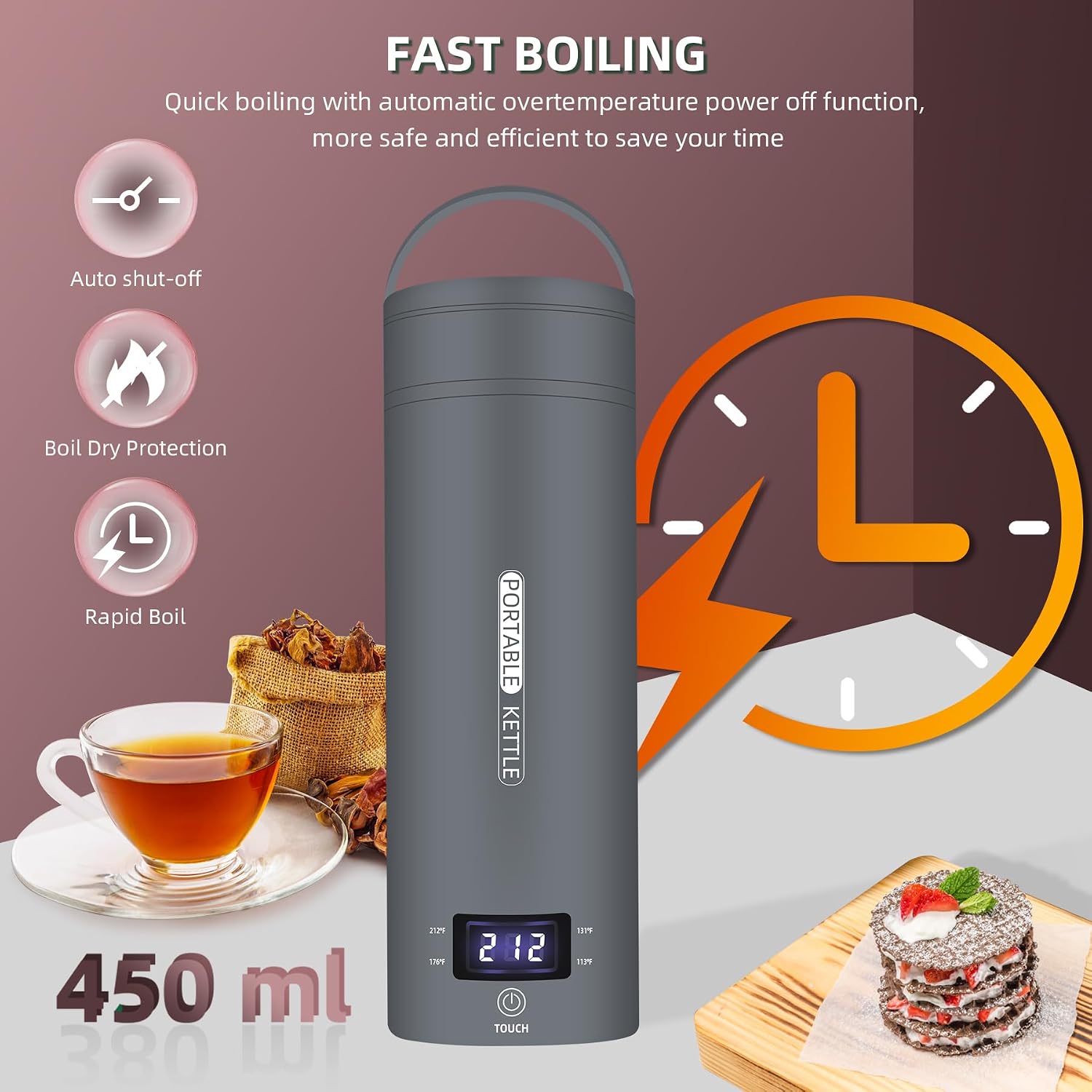 QRAGJBM Portable Electric Kettle Travel, 120V, 450ml, 4 Temperature Control | 304 Stainless Steel Lining, Auto Shut-Off, Boil Dry Protection, BPA-Free, Lightweight, For Hotel and Office(Grey) - Image 4