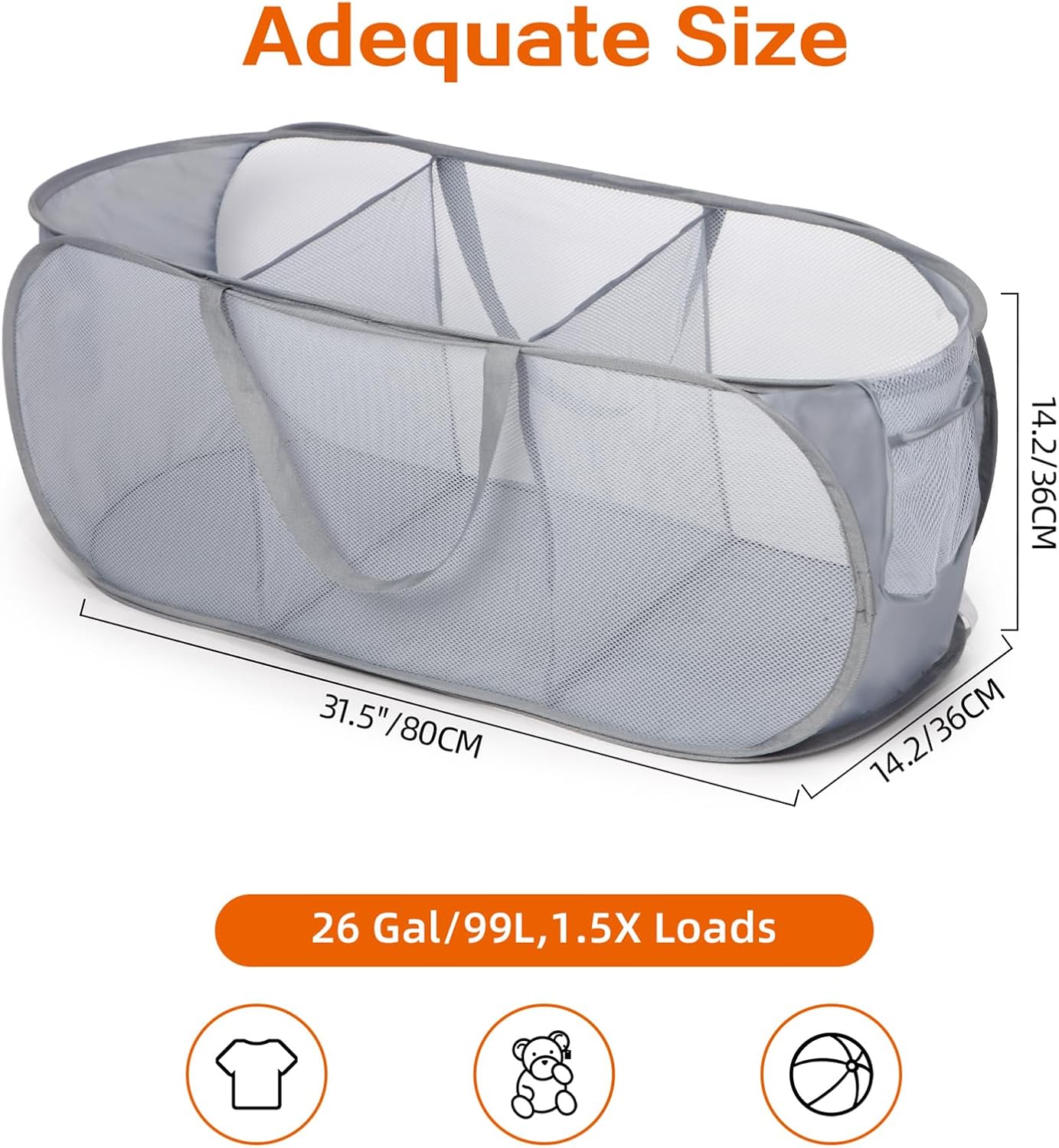 Durable Collapsible Foldable Pop Up Laundry Hamper, Sturdy 3 Compartments, Handy Pocket & Easy to Sort Clothes Hampers for Dorm, Kids Room, Travel - Grey - Image 4