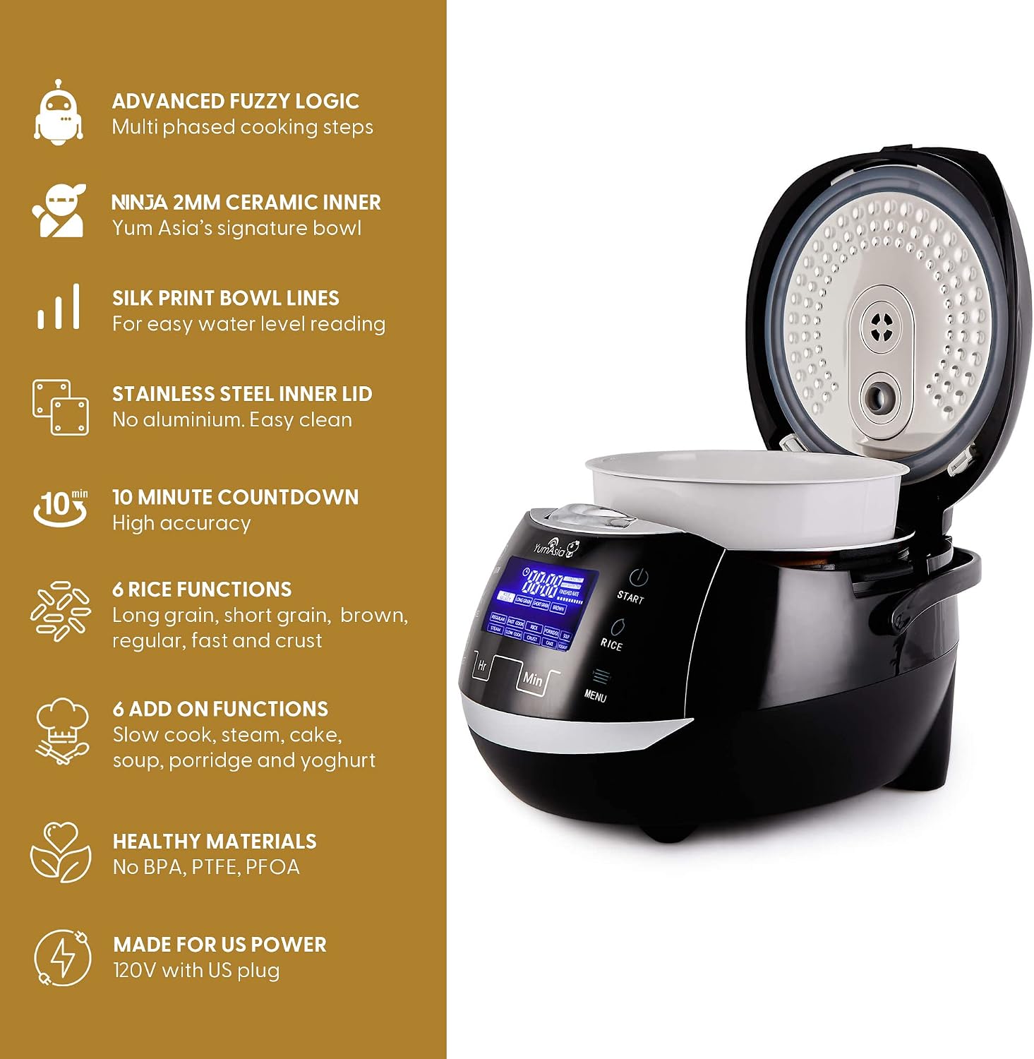 Yum Asia Sakura Rice Cooker with Ceramic Bowl and Advanced Fuzzy Logic (8 Cup, 1.5 Litre) 6 Rice Cook Functions, 6 Multicook Functions, Motouch LED Display, 120V Power (Black and Silver) - Image 5